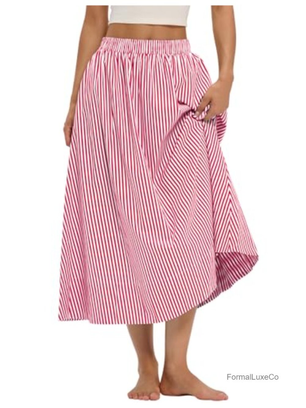 Midi Skirt with Pockets A-Line Cotton Flowy Pull-On Elastic Waist